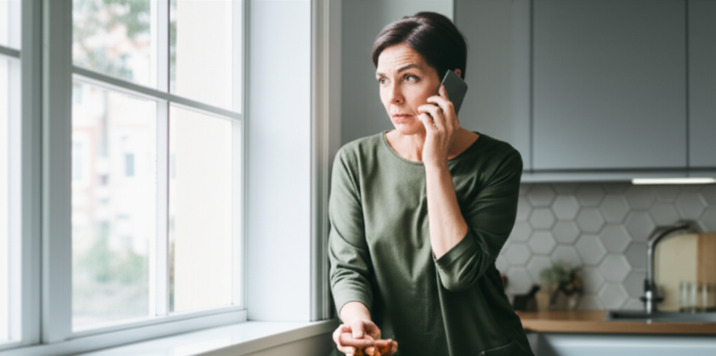 Skeptical homeowner on phone in kitchen