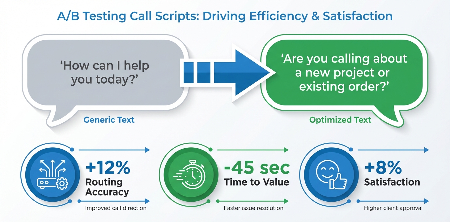 A/B Testing Call Scripts comparison showing +12% routing accuracy