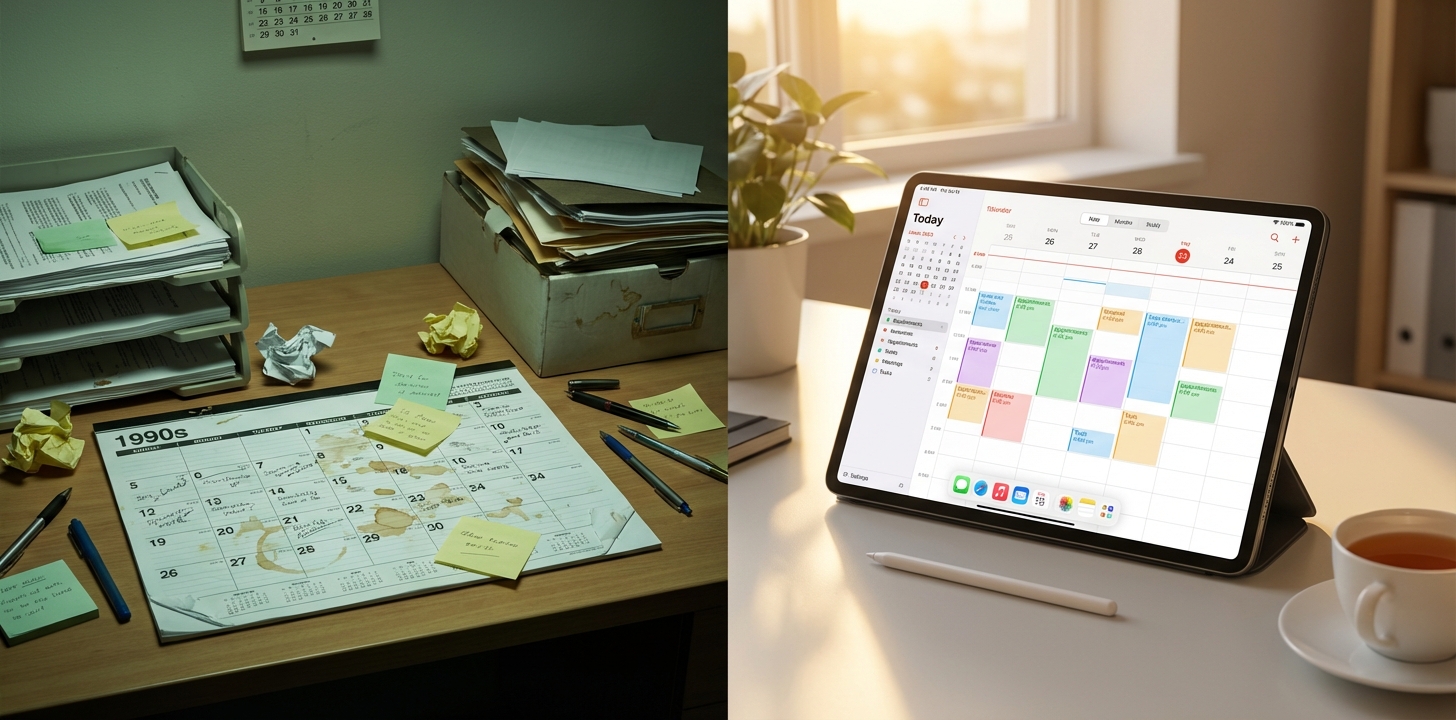 Before and after comparison: messy paper calendar vs organized digital calendar