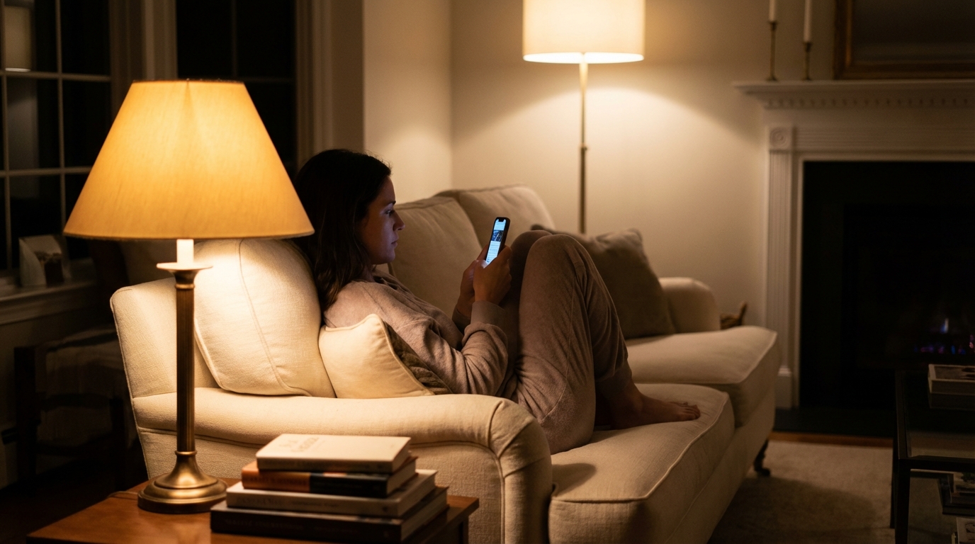 Homeowner on couch at night looking at phone, warm lighting