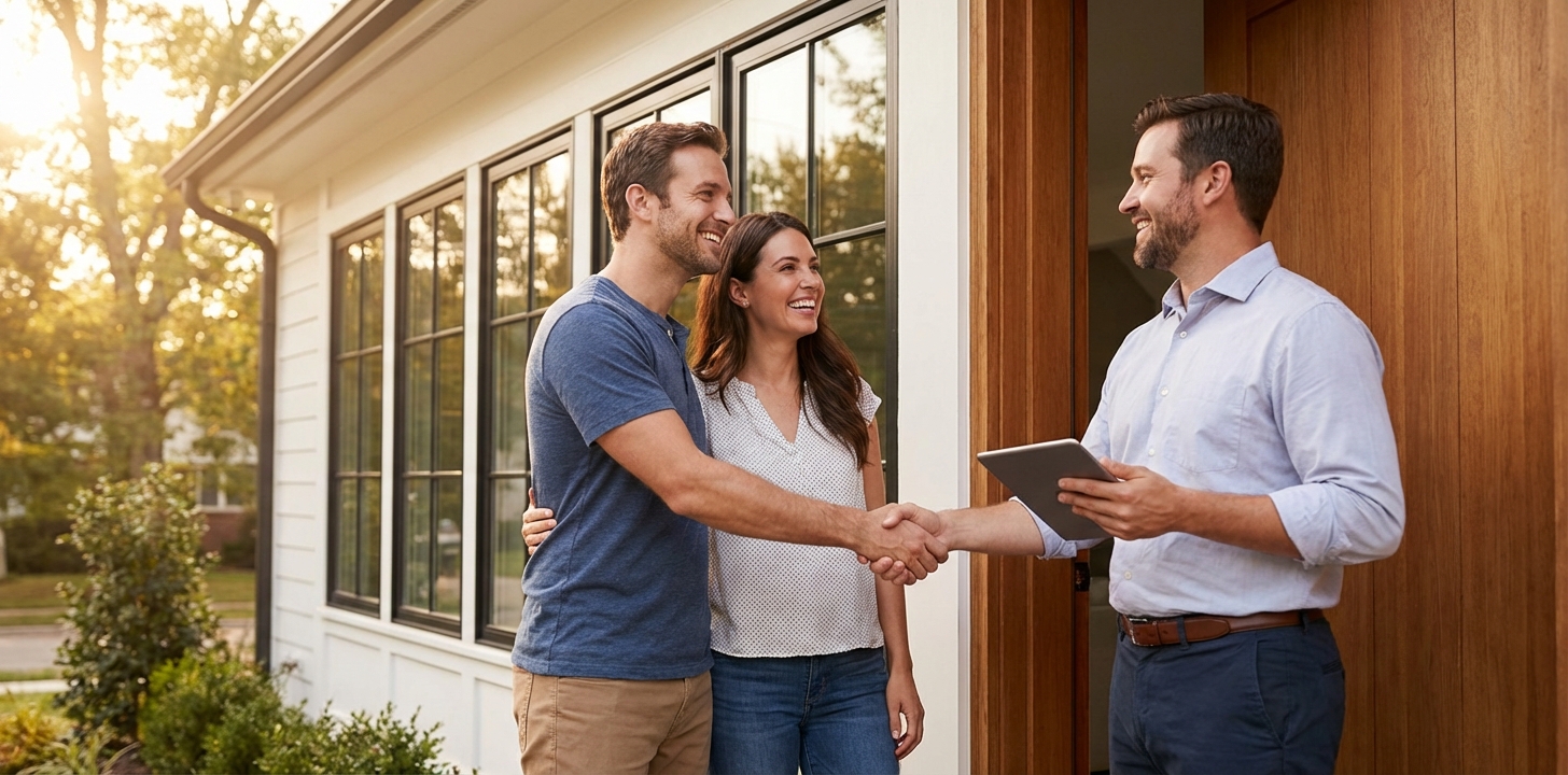 Happy homeowners shaking hands with a sales representative in front of their home with new windows