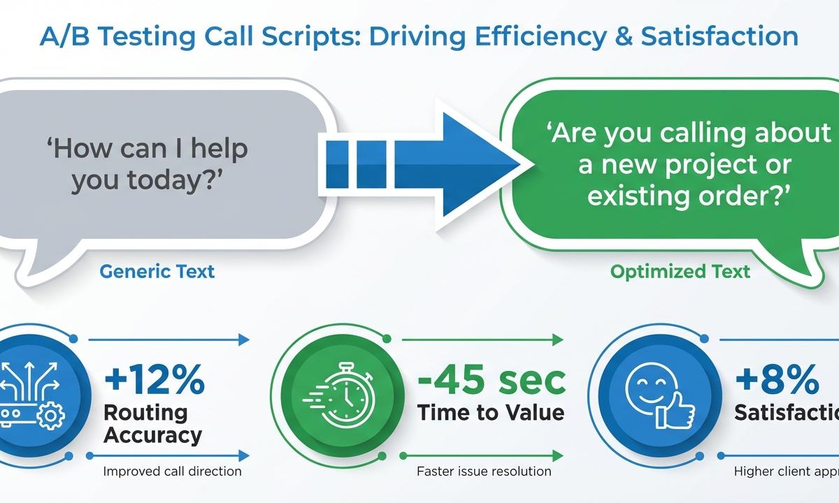 A/B Testing Call Scripts comparison showing +12% routing accuracy