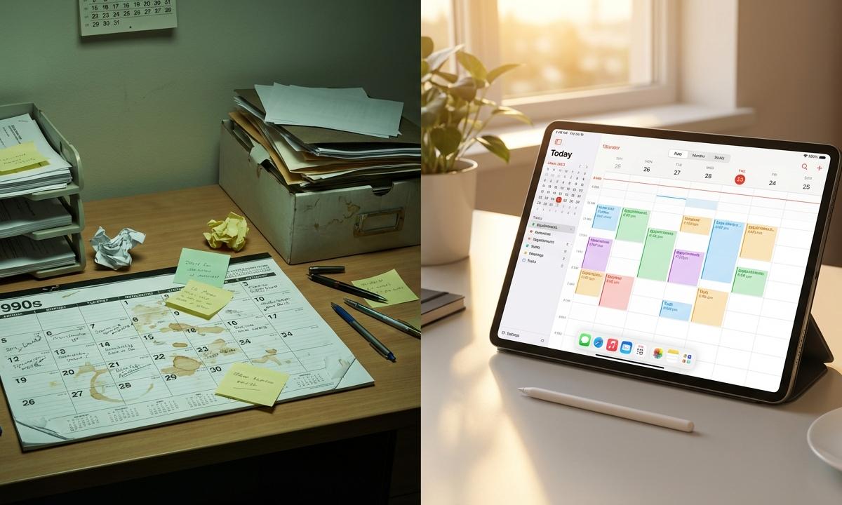 Before and after comparison: messy paper calendar vs organized digital calendar