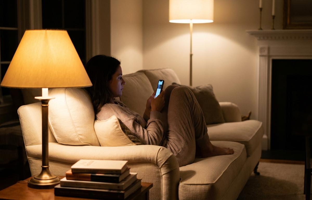 Homeowner on couch at night looking at phone, warm lighting