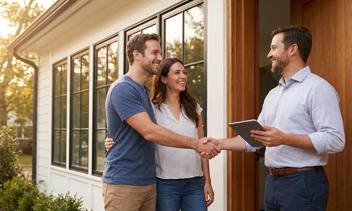 Happy homeowners shaking hands with a sales representative in front of their home with new windows